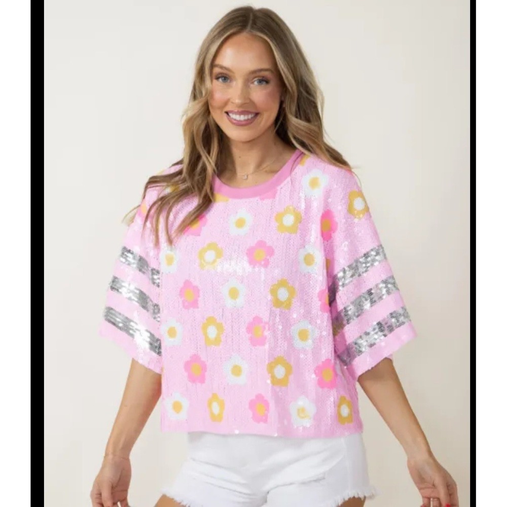 NWOT Simply Southern Pink Sequin Daisy‎ Top Women's Large Crop